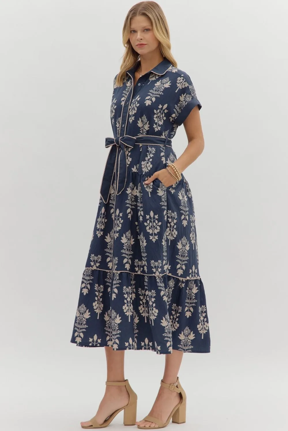 Margot Botanical Print Midi Dress, Navy sold by North & Main Clothing Company product image thumbnail 4