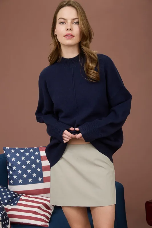 Julia Front Seam Mock Neck Sweater, Navy sold by North & Main Clothing Company
