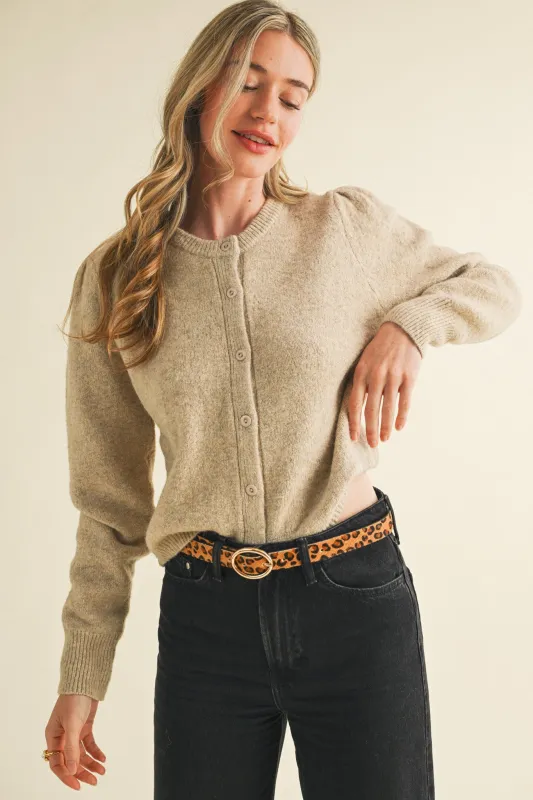 Parker Puff Sleeve Cardigan, Taupe sold by North & Main Clothing Company