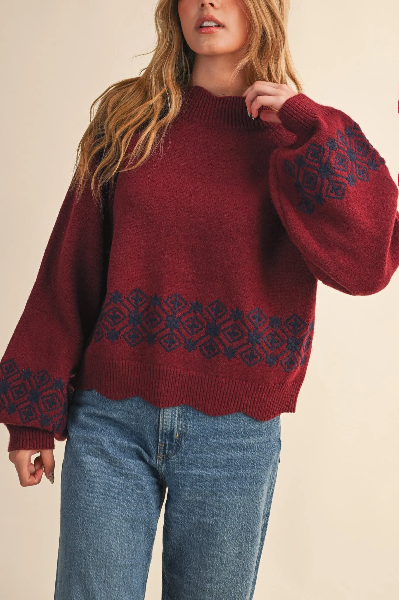 Ariana Scalloped Embroidered Sweater, Burgundy Navy sold by North & Main Clothing Company product image thumbnail 3
