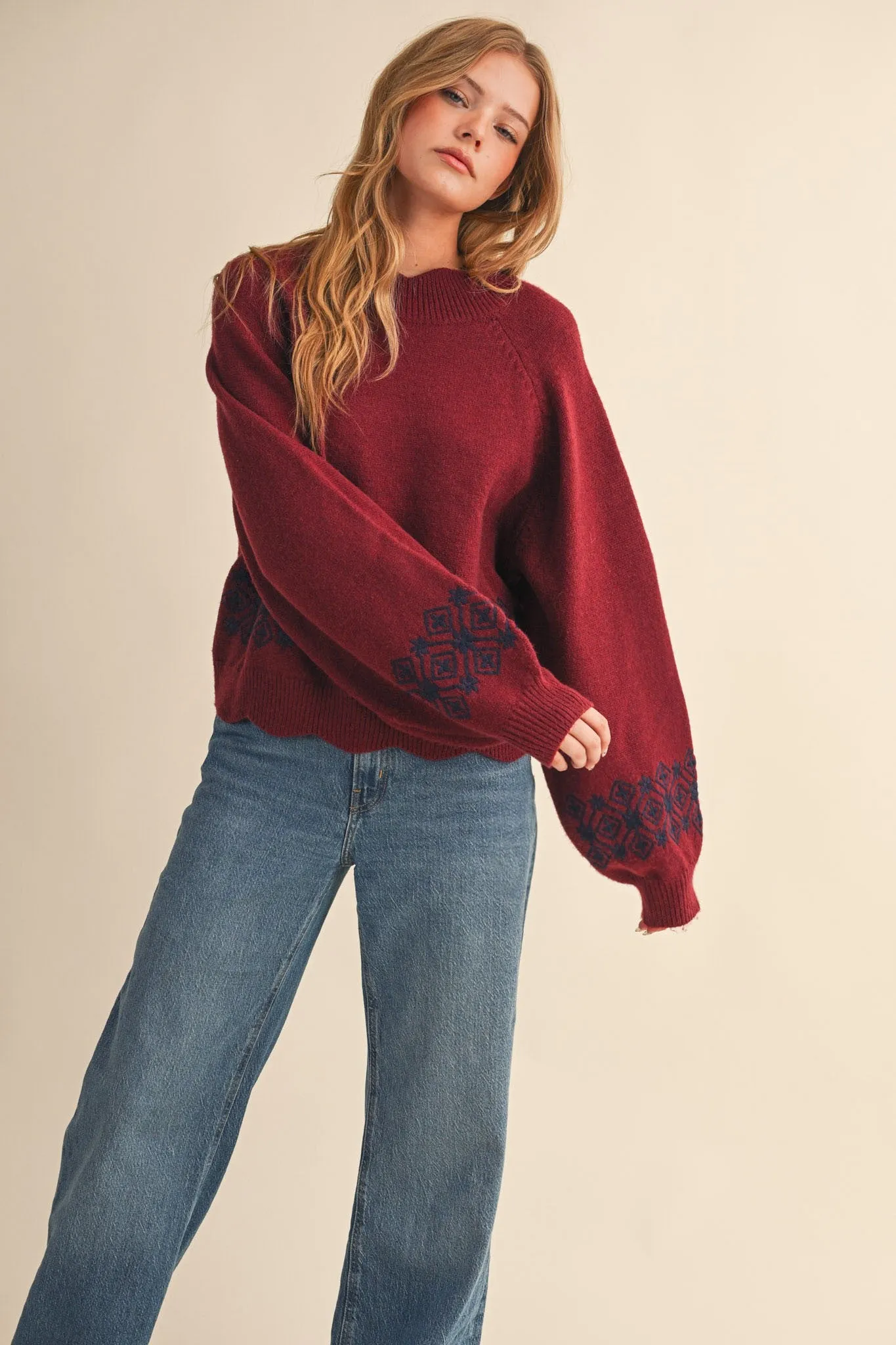 Ariana Scalloped Embroidered Sweater, Burgundy Navy sold by North & Main Clothing Company product image thumbnail 2