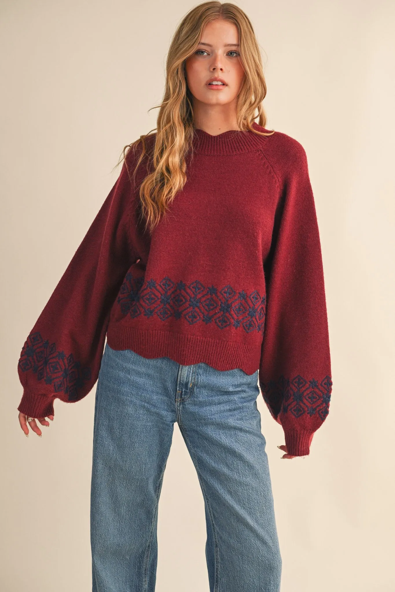 Ariana Scalloped Embroidered Sweater, Burgundy Navy sold by North & Main Clothing Company