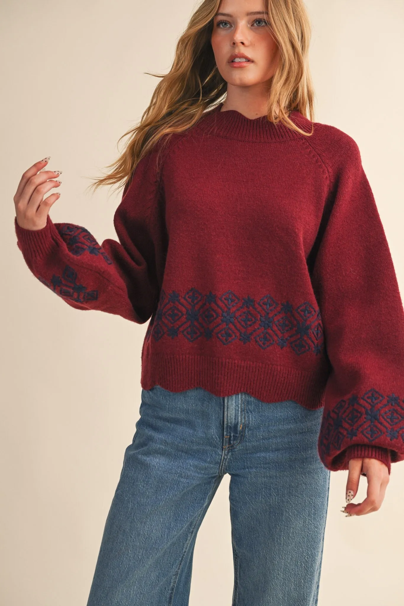 Ariana Scalloped Embroidered Sweater, Burgundy Navy sold by North & Main Clothing Company product image thumbnail 4