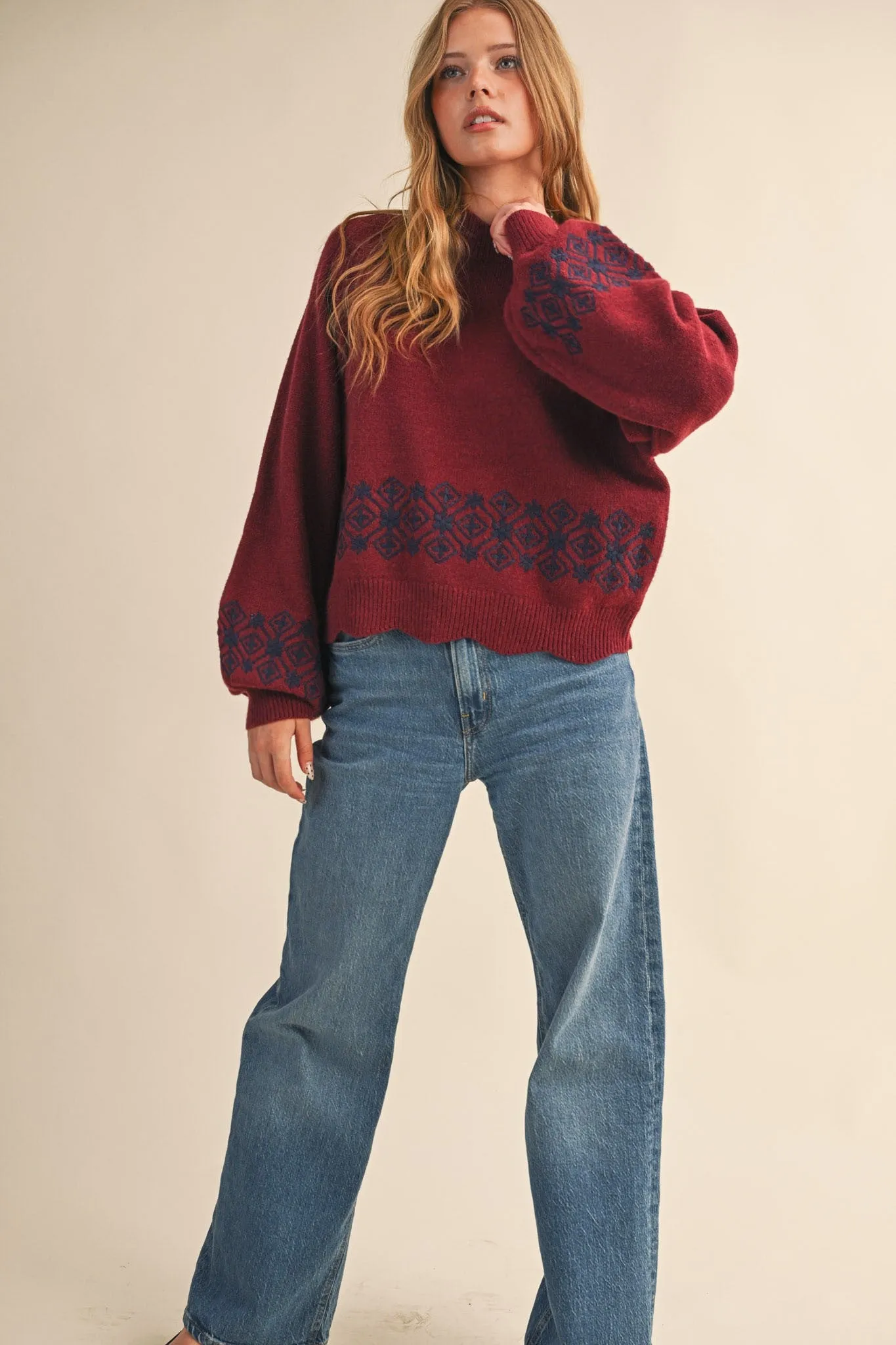 Ariana Scalloped Embroidered Sweater, Burgundy Navy sold by North & Main Clothing Company product image thumbnail 5