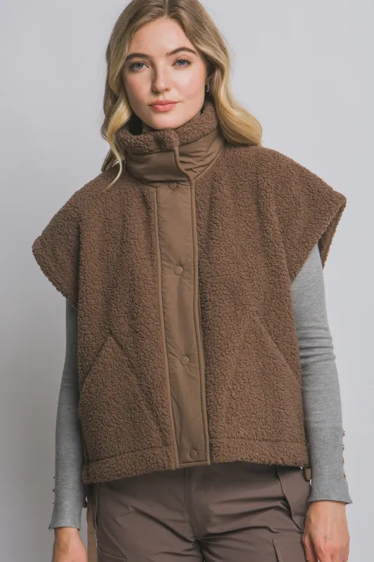 Addison Button Front Faux Fur Vest, Brown sold by North & Main Clothing Company