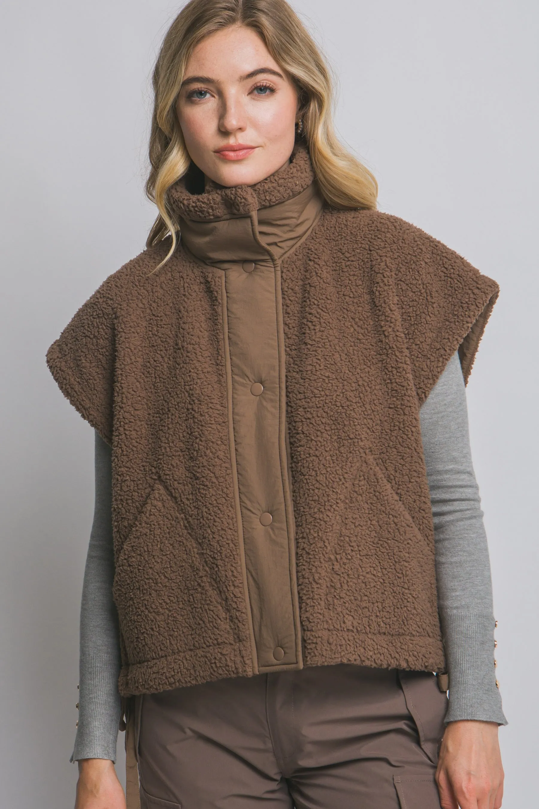 Addison Button Front Faux Fur Vest, Brown sold by North & Main Clothing Company