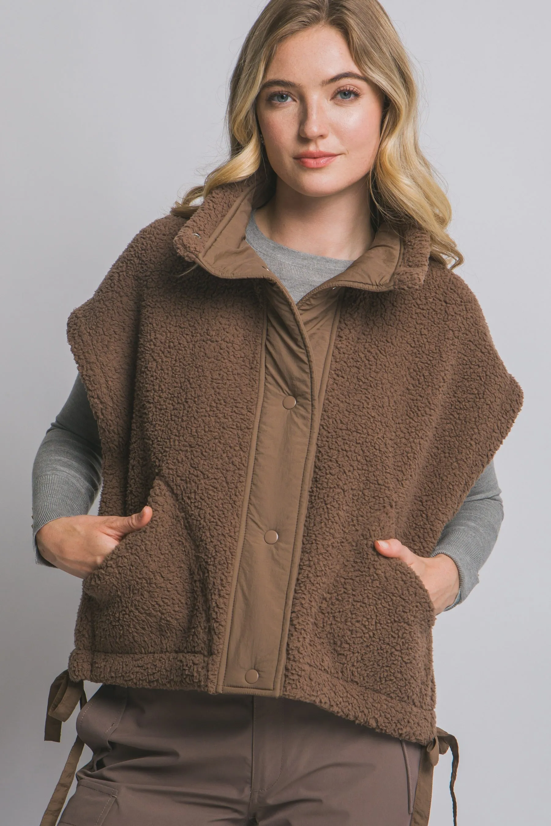 Addison Button Front Faux Fur Vest, Brown sold by North & Main Clothing Company product image thumbnail 3
