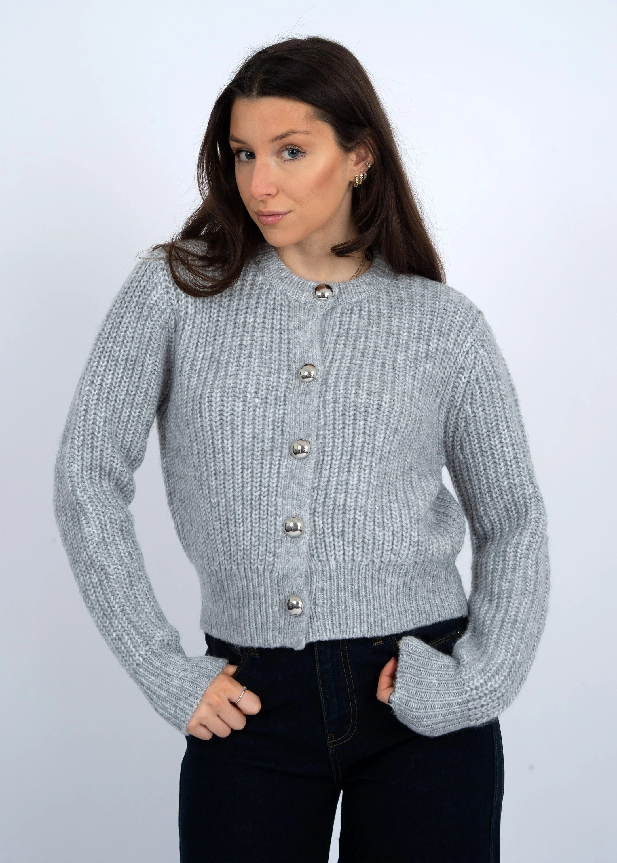 Letrice Silver Button Cardigan, Silver Grey Melange | RD Style sold by North & Main Clothing Company