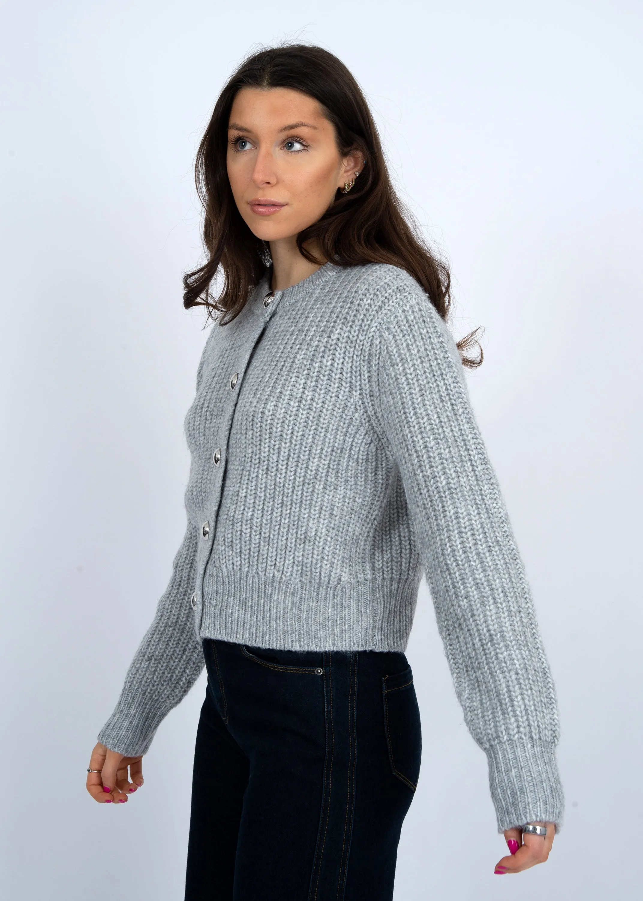Letrice Silver Button Cardigan, Silver Grey Melange | RD Style sold by North & Main Clothing Company product image thumbnail 3
