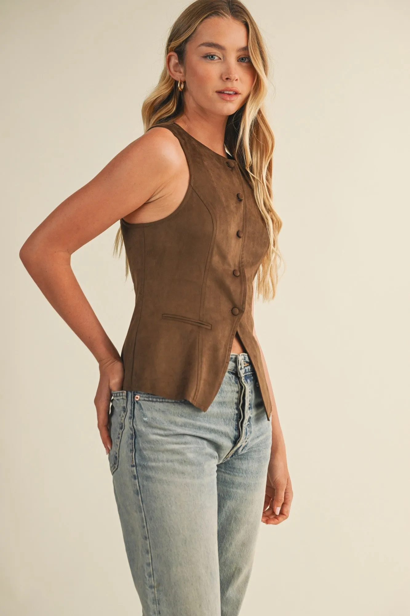 Liliana Button Front Suede Vest, Dark Oak sold by North & Main Clothing Company product image thumbnail 5