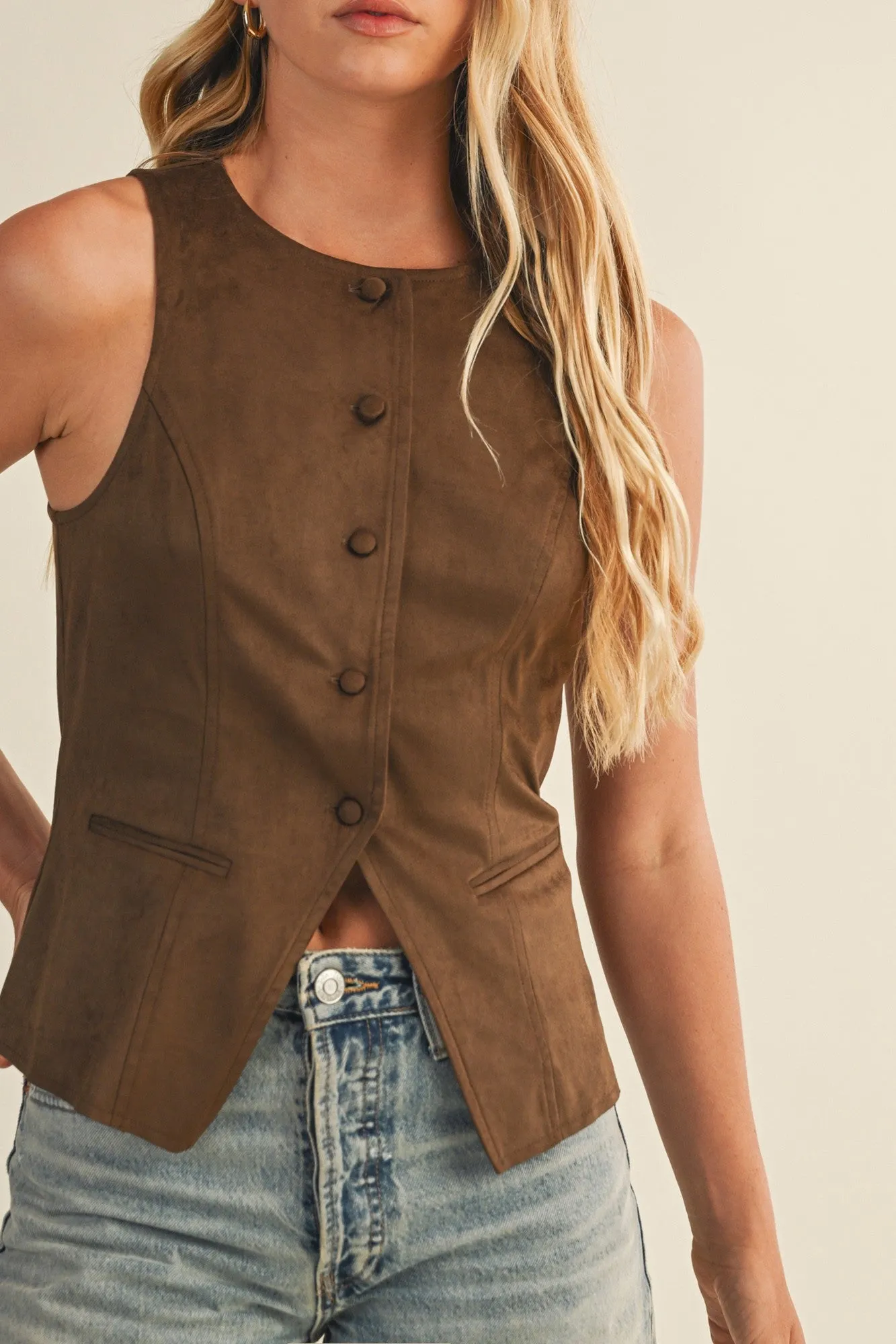 Liliana Button Front Suede Vest, Dark Oak sold by North & Main Clothing Company product image thumbnail 3