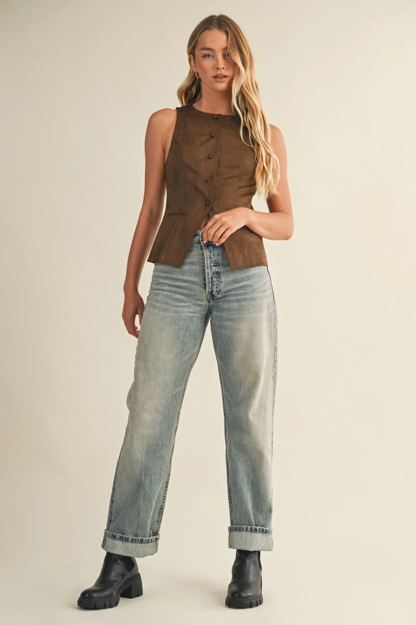 Liliana Button Front Suede Vest, Dark Oak sold by North & Main Clothing Company product image thumbnail 2