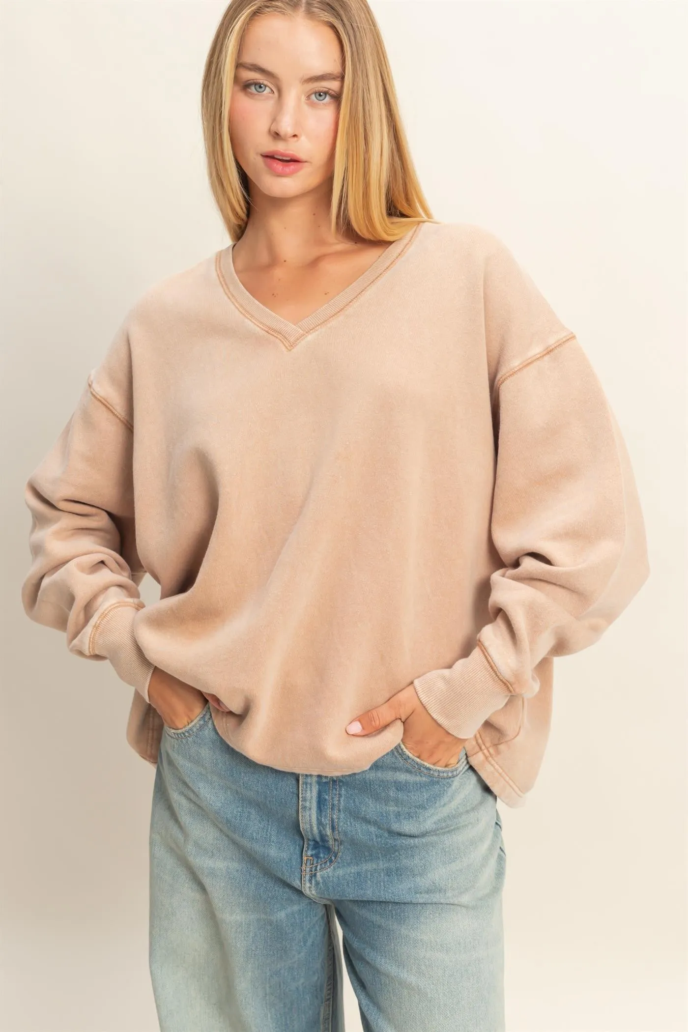 Melody Oversized V-Neck Sweatshirt, Dark Taupe sold by North & Main Clothing Company