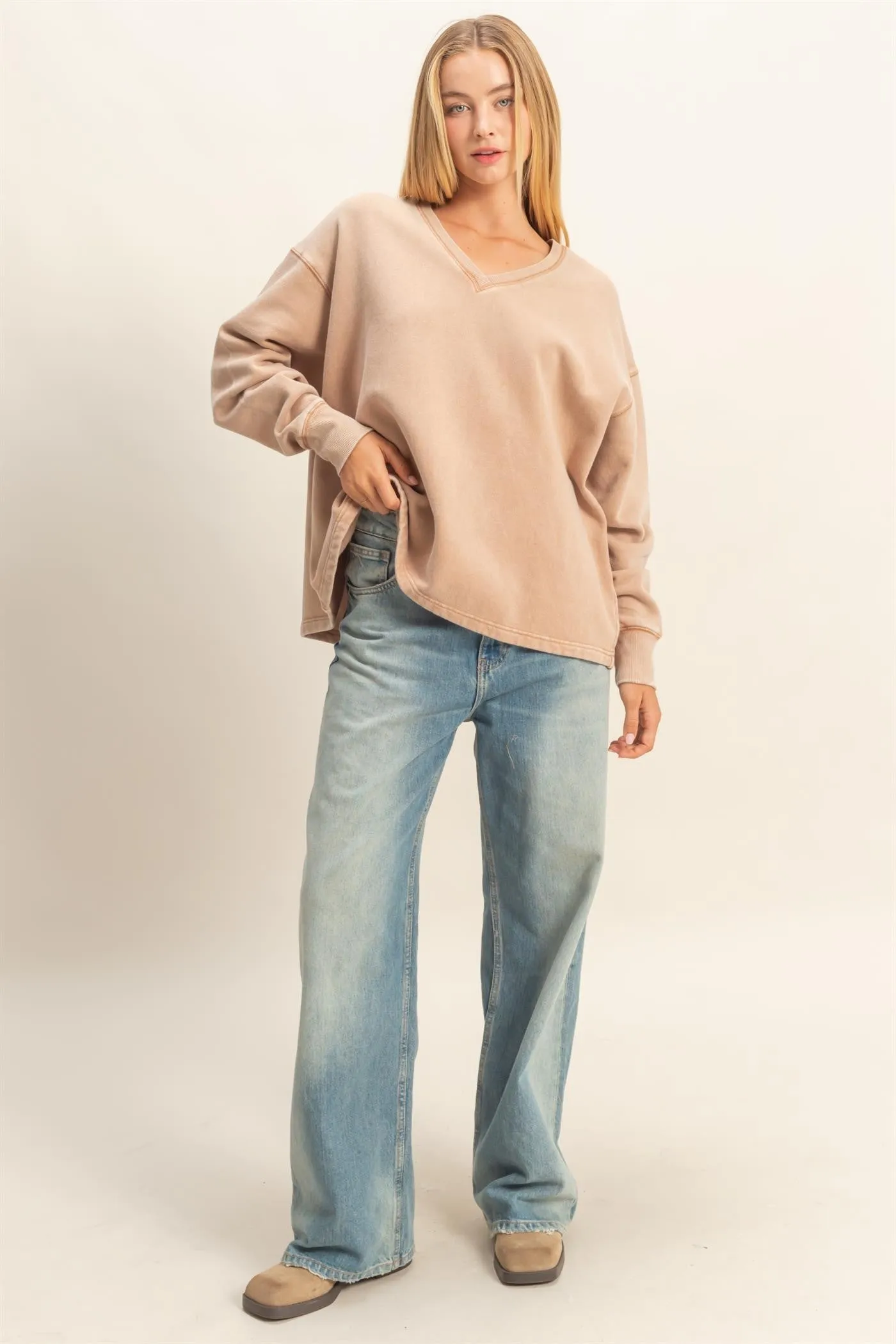 Melody Oversized V-Neck Sweatshirt, Dark Taupe sold by North & Main Clothing Company product image thumbnail 2