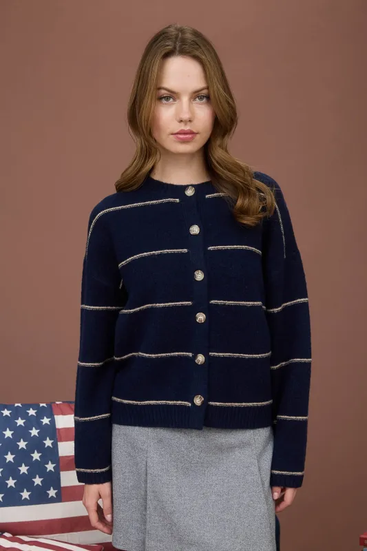 Jade Thin Stripe Button Down Cardigan, Navy sold by North & Main Clothing Company