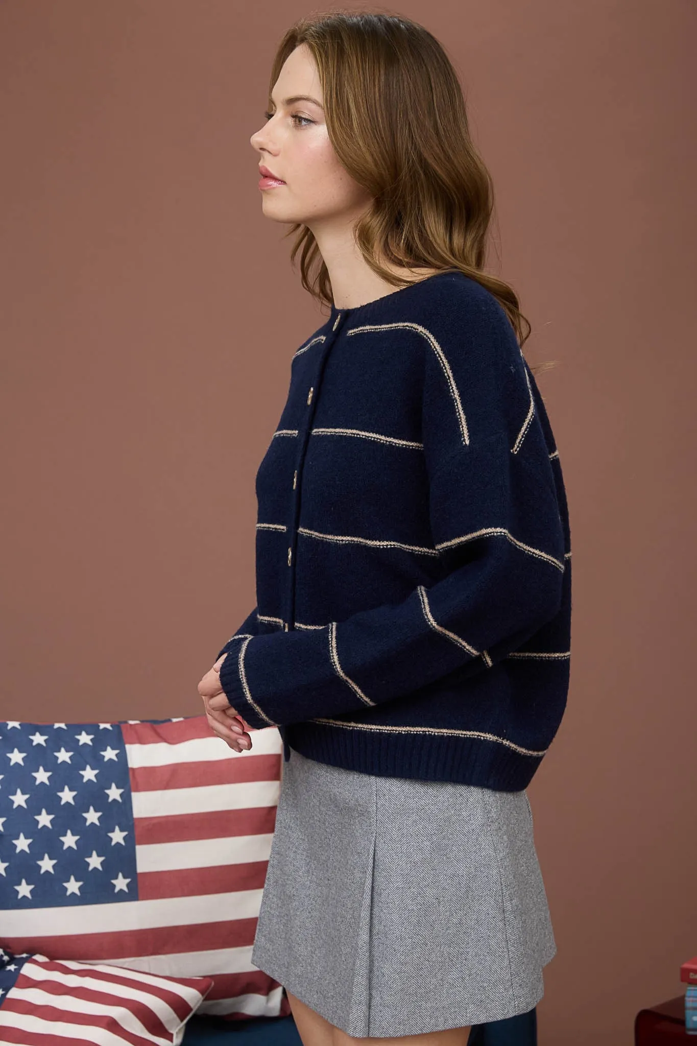 Jade Thin Stripe Button Down Cardigan, Navy sold by North & Main Clothing Company product image thumbnail 4