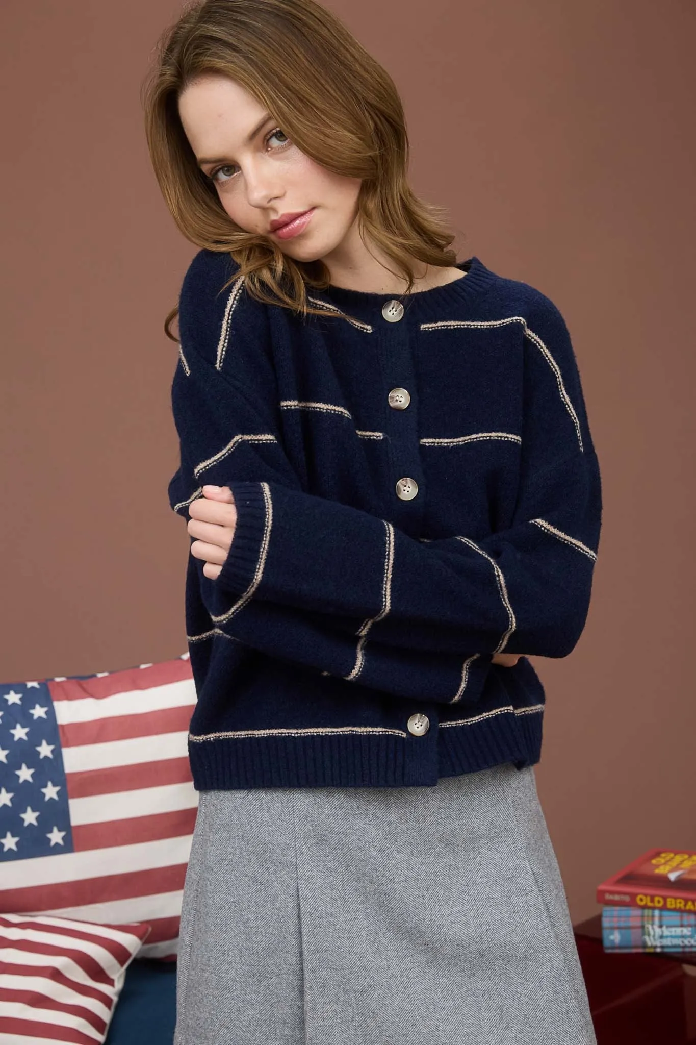 Jade Thin Stripe Button Down Cardigan, Navy sold by North & Main Clothing Company product image thumbnail 3