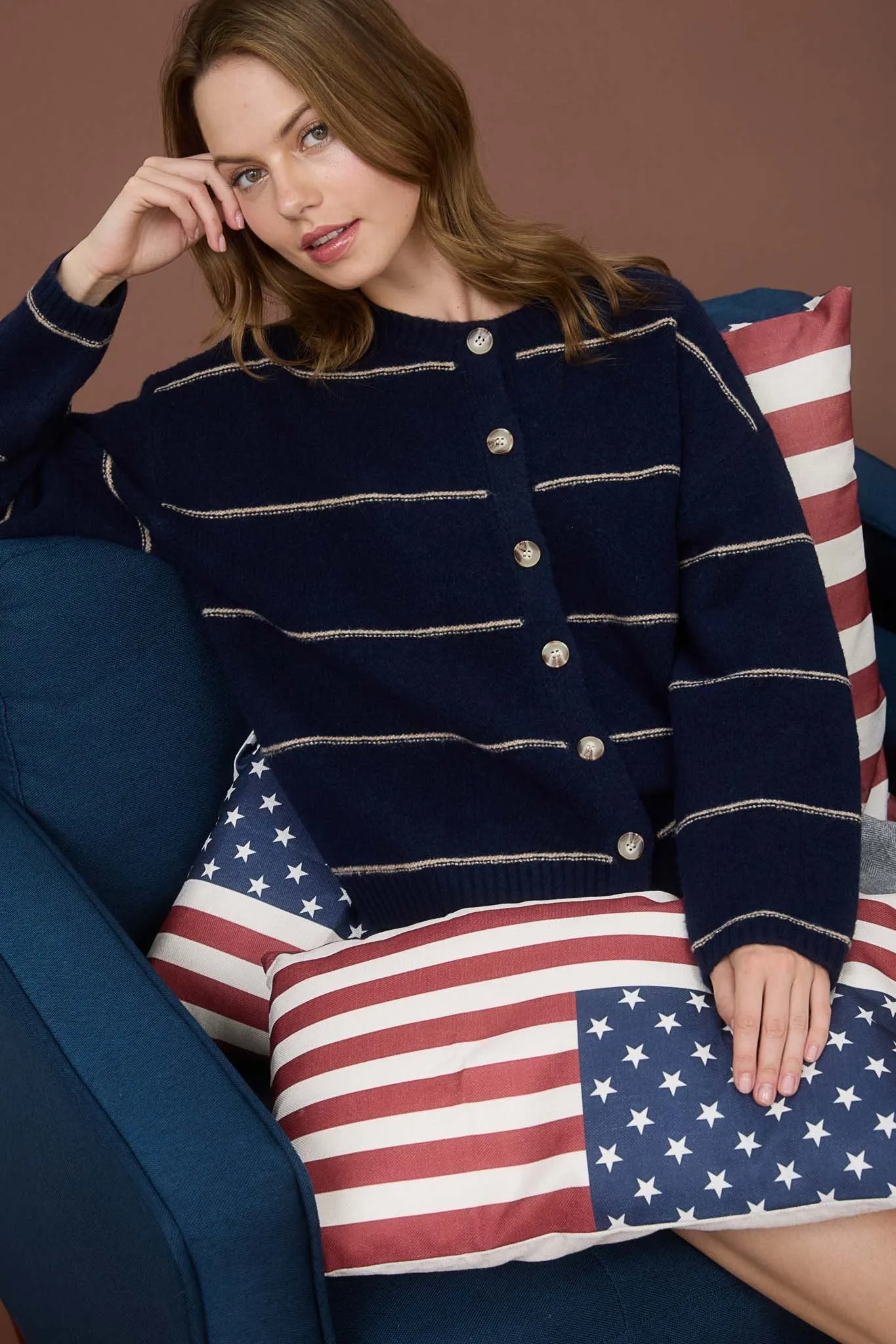 Jade Thin Stripe Button Down Cardigan, Navy sold by North & Main Clothing Company product image thumbnail 5