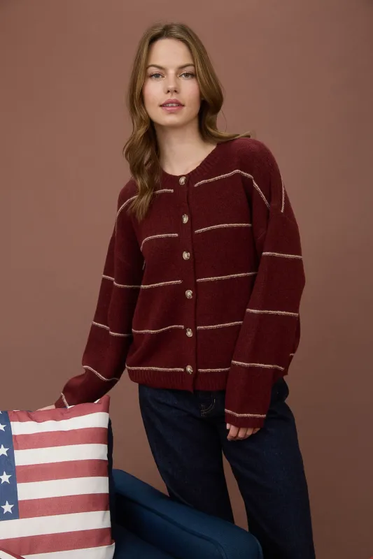Jade Thin Stripe Button Down Cardigan, Red Wood sold by North & Main Clothing Company