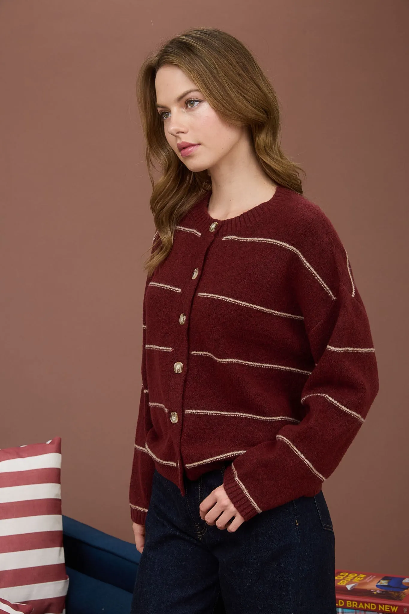 Jade Thin Stripe Button Down Cardigan, Red Wood sold by North & Main Clothing Company product image thumbnail 4