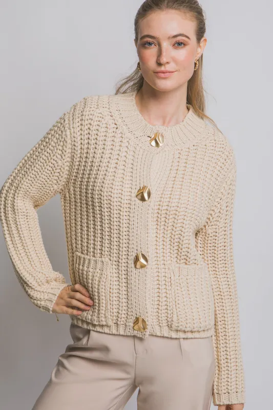 Clara Gold Button Cardigan, Cream sold by North & Main Clothing Company