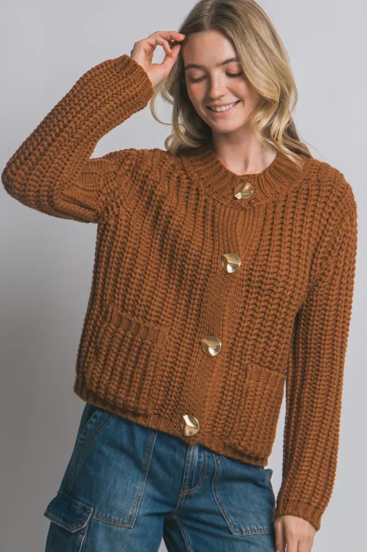 Clara Gold Button Cardigan, Almond sold by North & Main Clothing Company