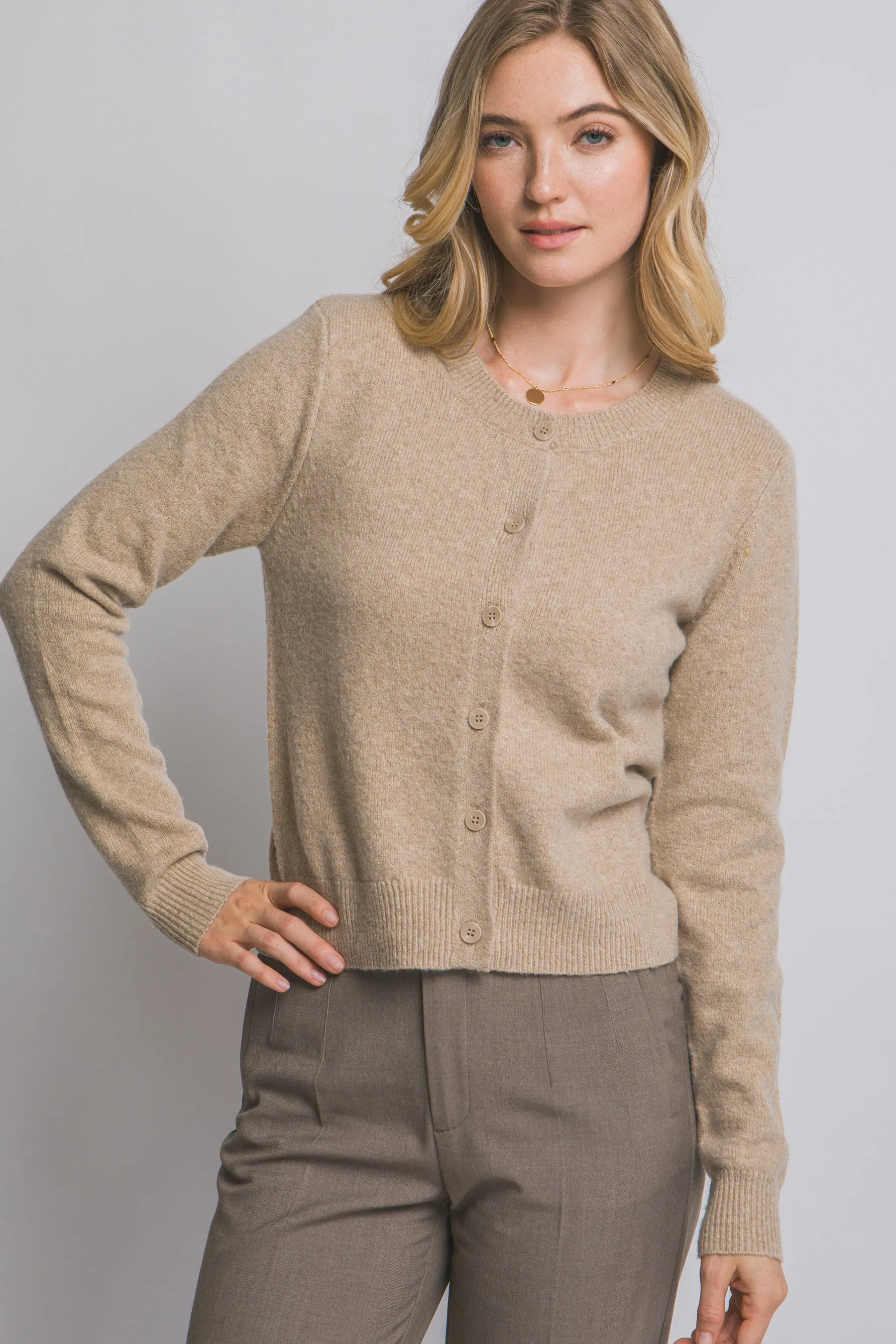 Maria Round Neck Cardigan, Khaki sold by North & Main Clothing Company product image thumbnail 5