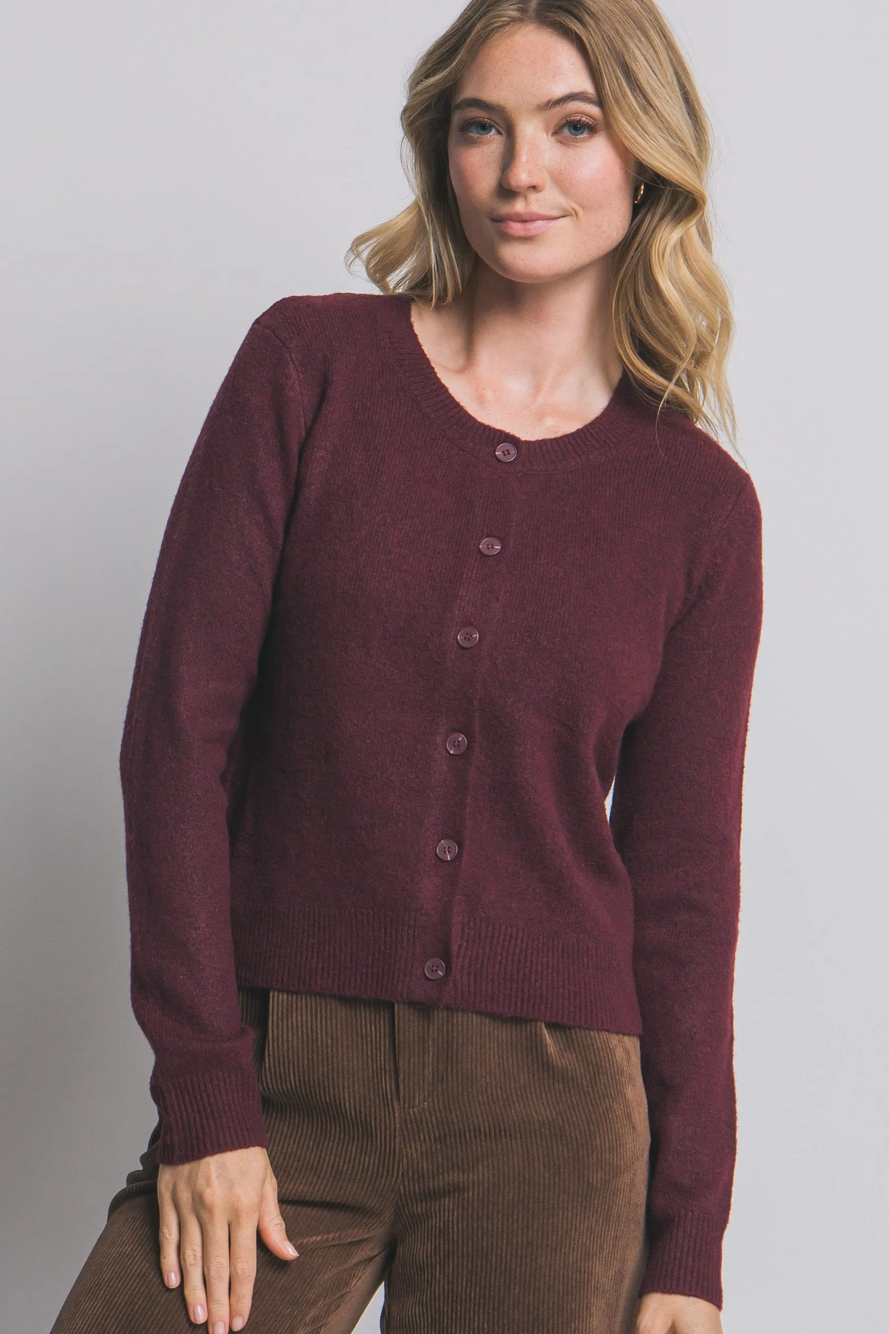 Maria Round Neck Cardigan, Burgundy sold by North & Main Clothing Company