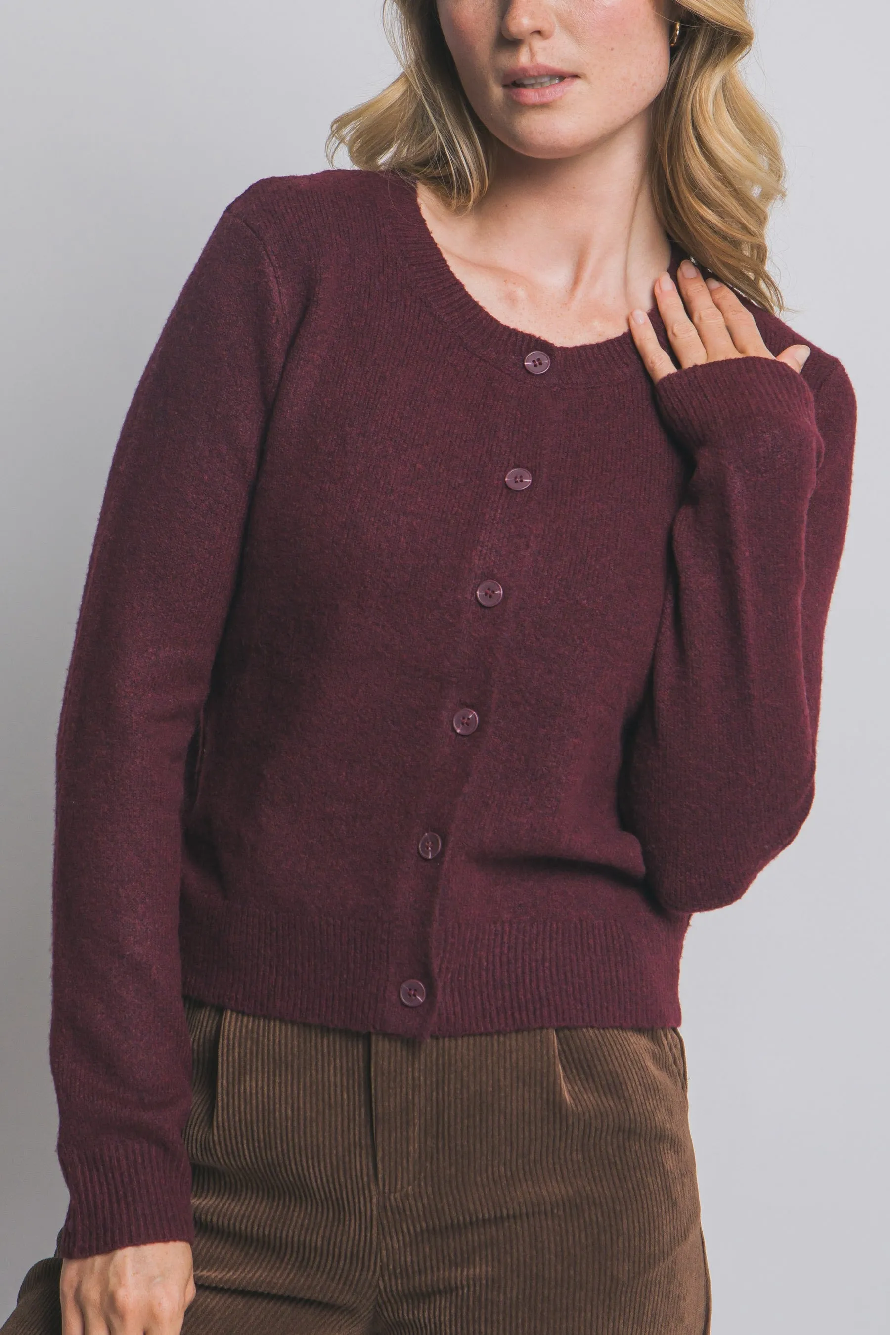 Maria Round Neck Cardigan, Burgundy sold by North & Main Clothing Company product image thumbnail 5