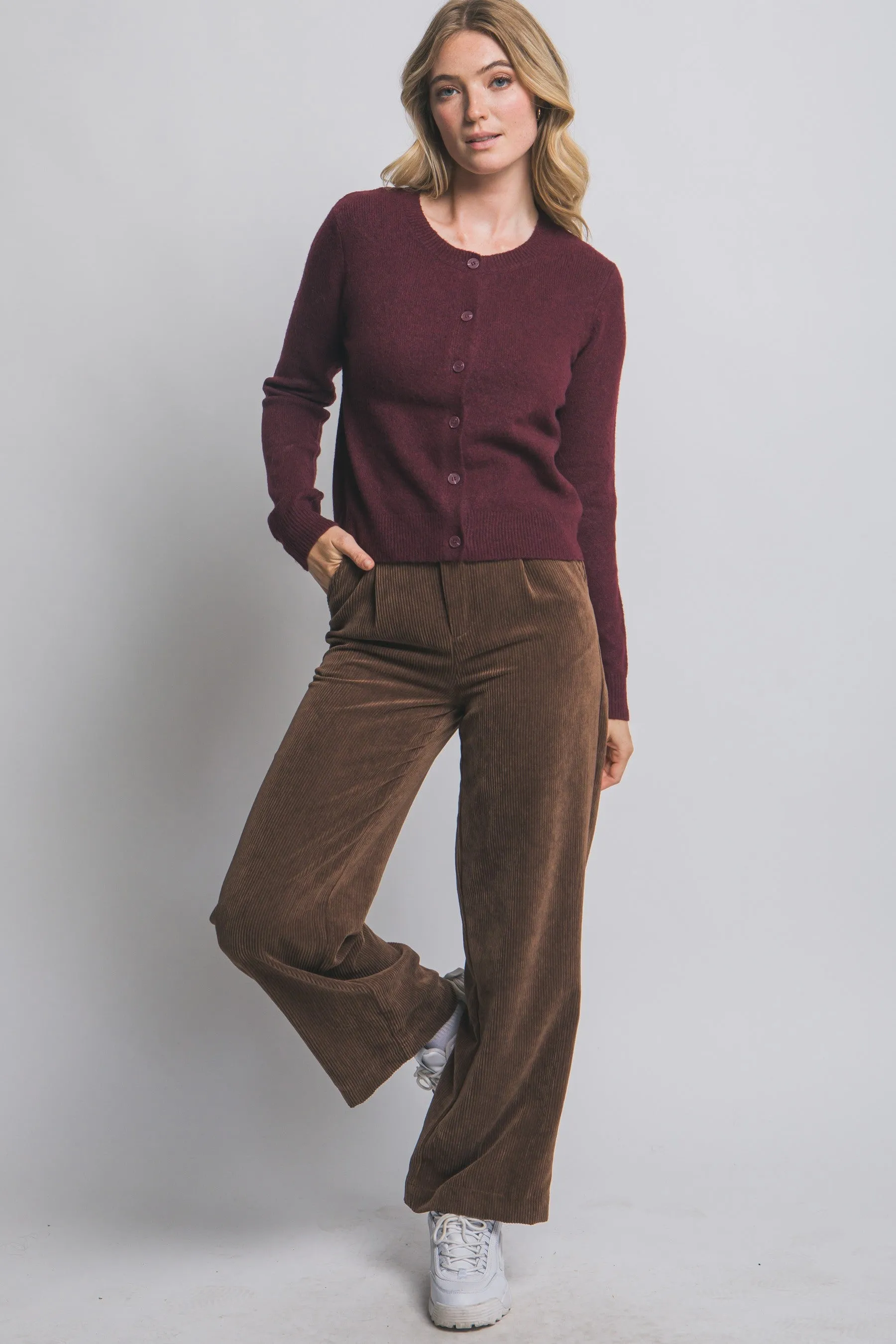 Maria Round Neck Cardigan, Burgundy sold by North & Main Clothing Company product image thumbnail 2