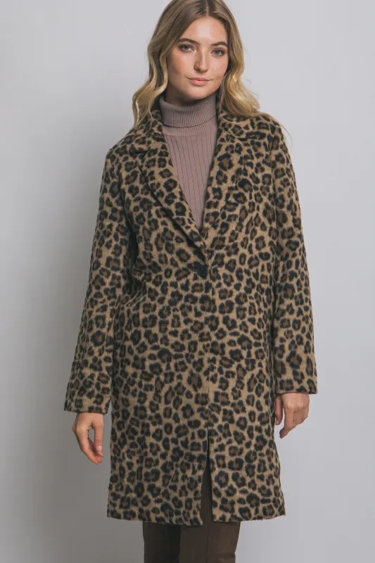 Natalie Leopard Print Long Coat, Brown sold by North & Main Clothing Company