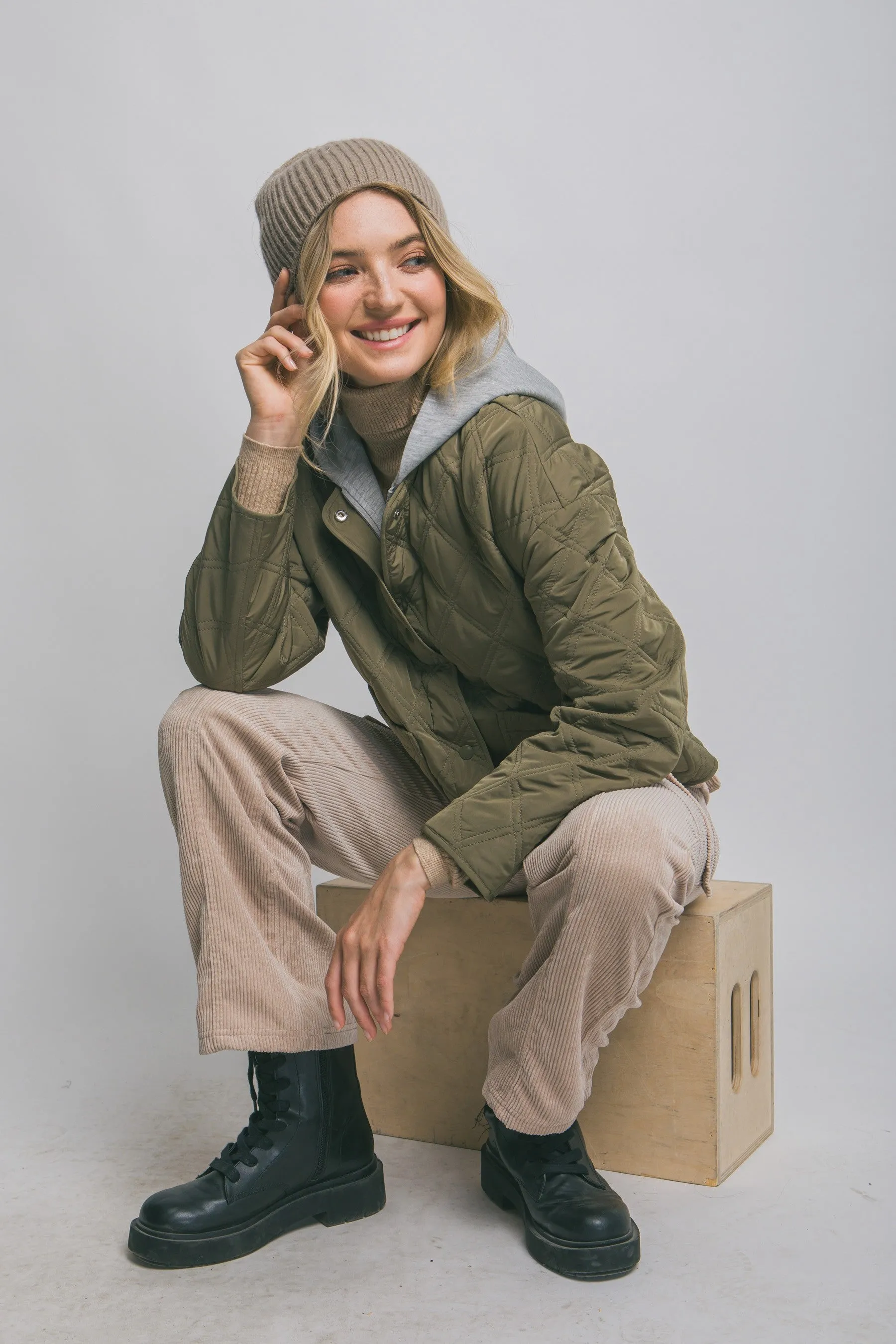 Iris Quilted Contrast Hood Jacket, Olive sold by North & Main Clothing Company product image thumbnail 5