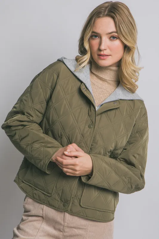 Iris Quilted Contrast Hood Jacket, Olive sold by North & Main Clothing Company