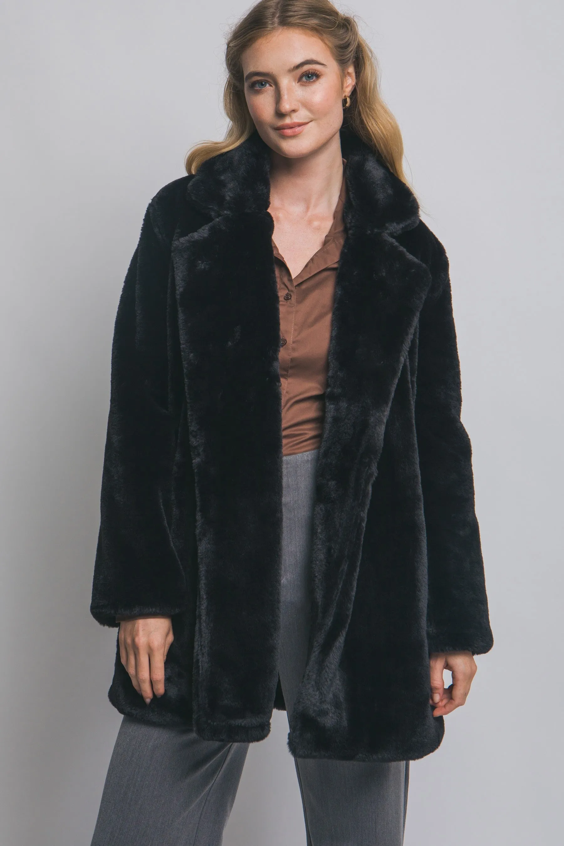 Ayla Faux Fur Collared Long Coat, Black sold by North & Main Clothing Company product image thumbnail 3