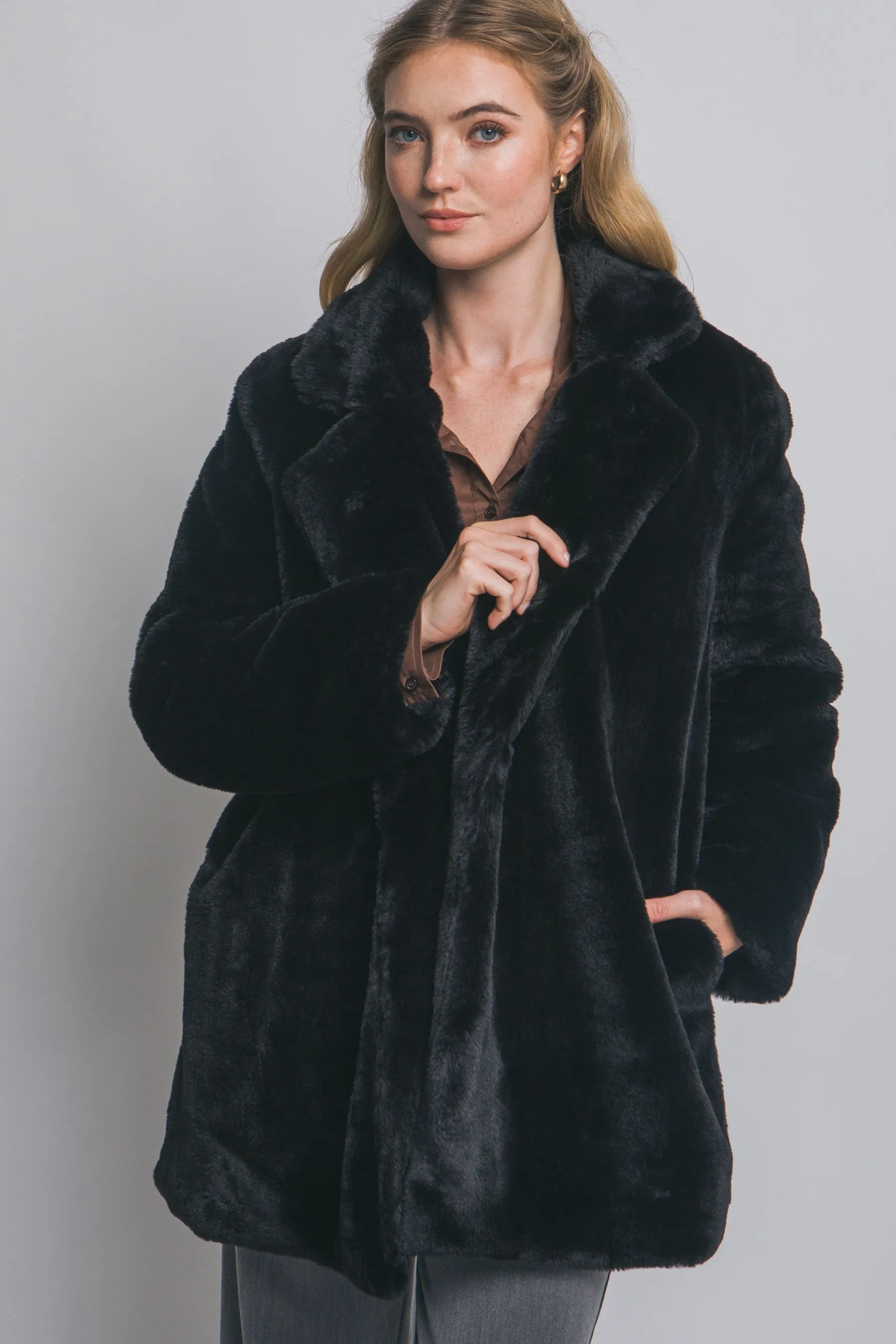 Ayla Faux Fur Collared Long Coat, Black sold by North & Main Clothing Company