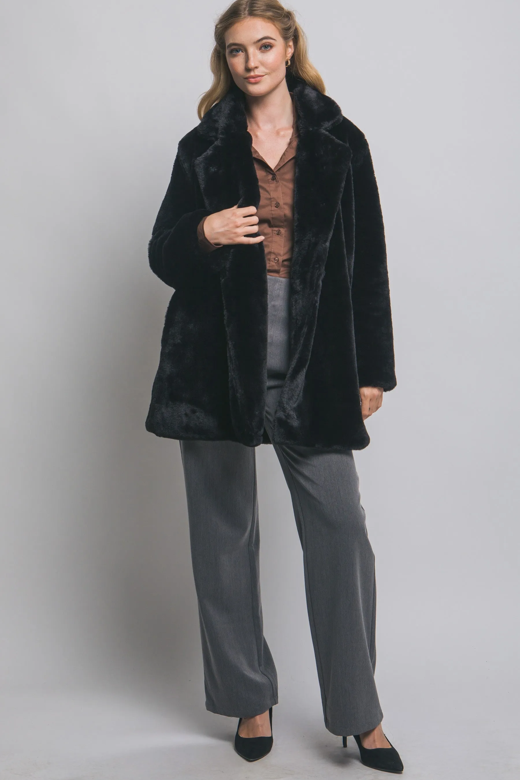 Ayla Faux Fur Collared Long Coat, Black sold by North & Main Clothing Company product image thumbnail 2