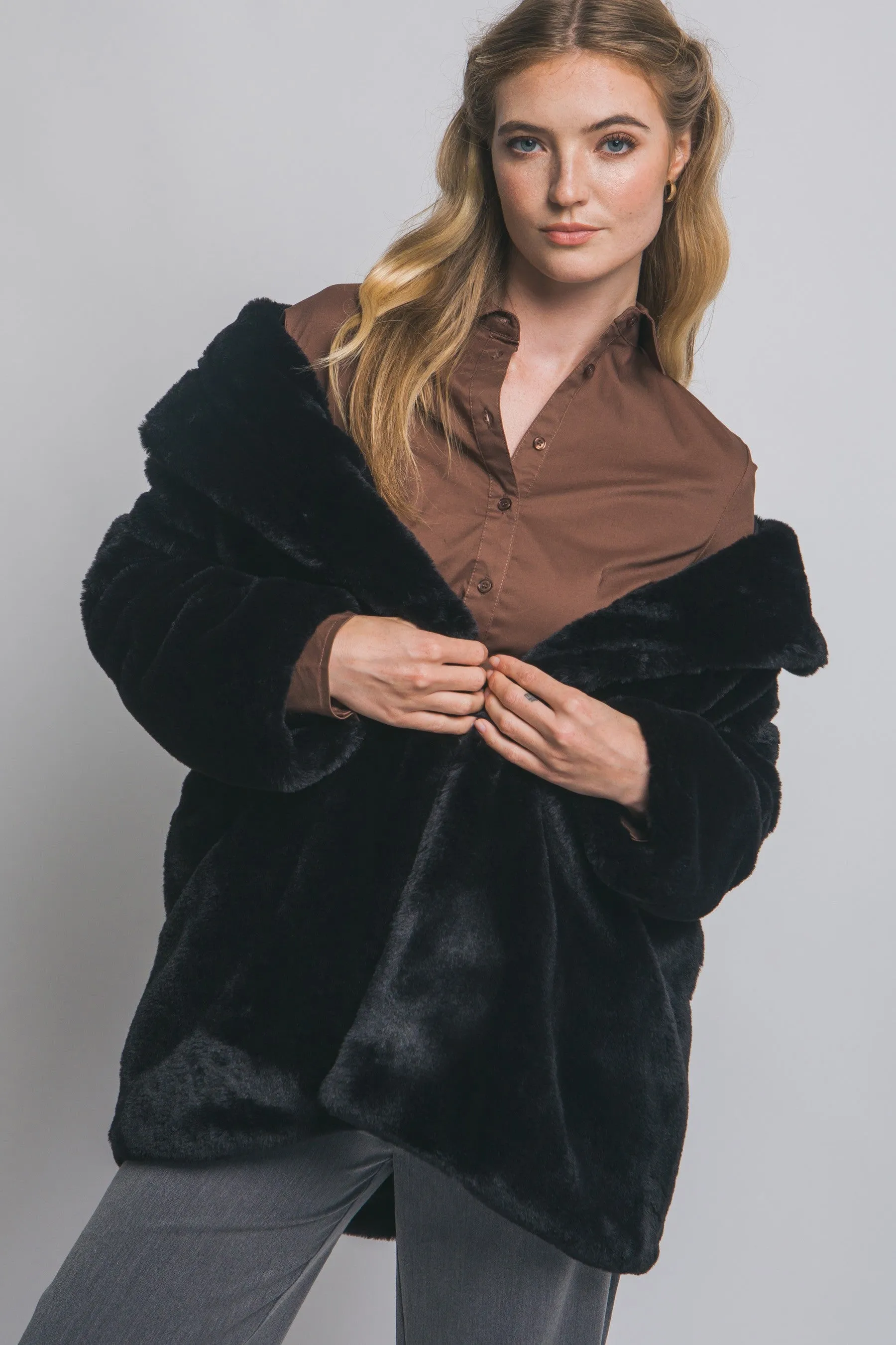 Ayla Faux Fur Collared Long Coat, Black sold by North & Main Clothing Company product image thumbnail 5