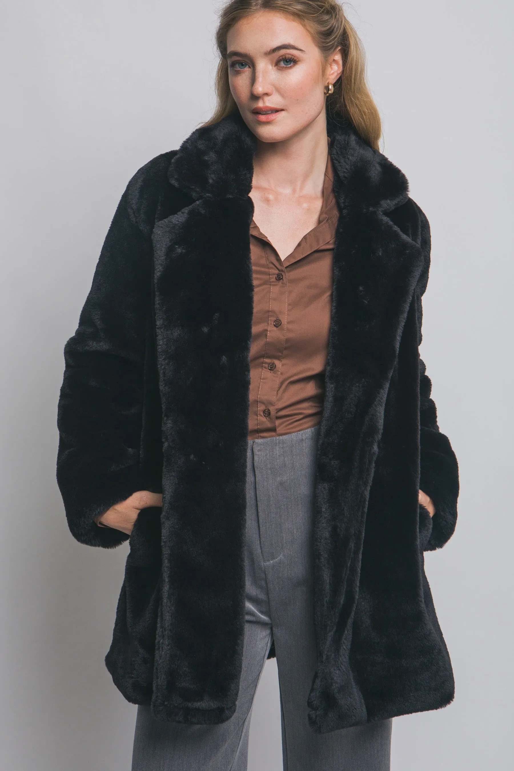 Ayla Faux Fur Collared Long Coat, Black sold by North & Main Clothing Company product image thumbnail 4