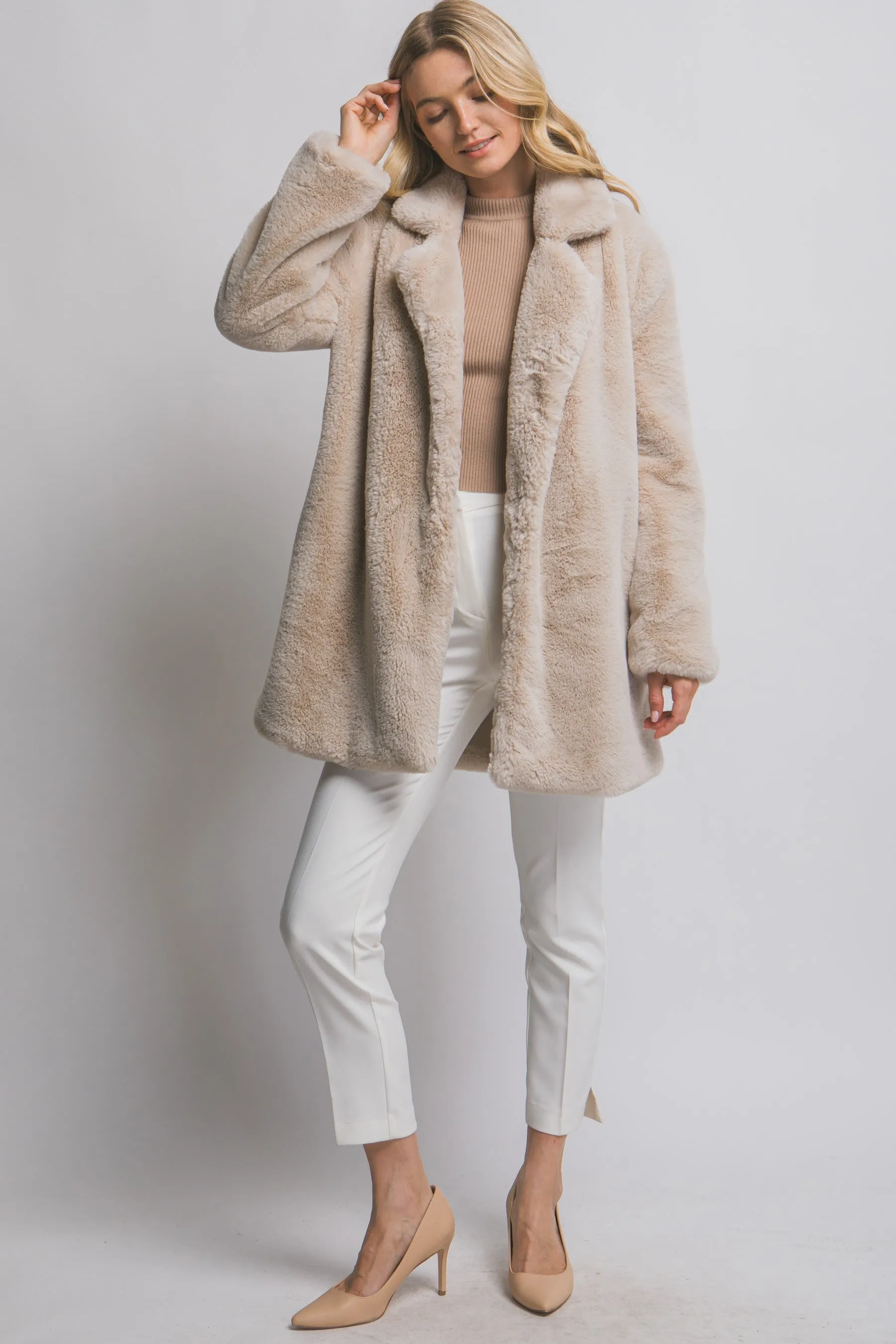 Ayla Faux Fur Collared Long Coat, Tan sold by North & Main Clothing Company product image thumbnail 2