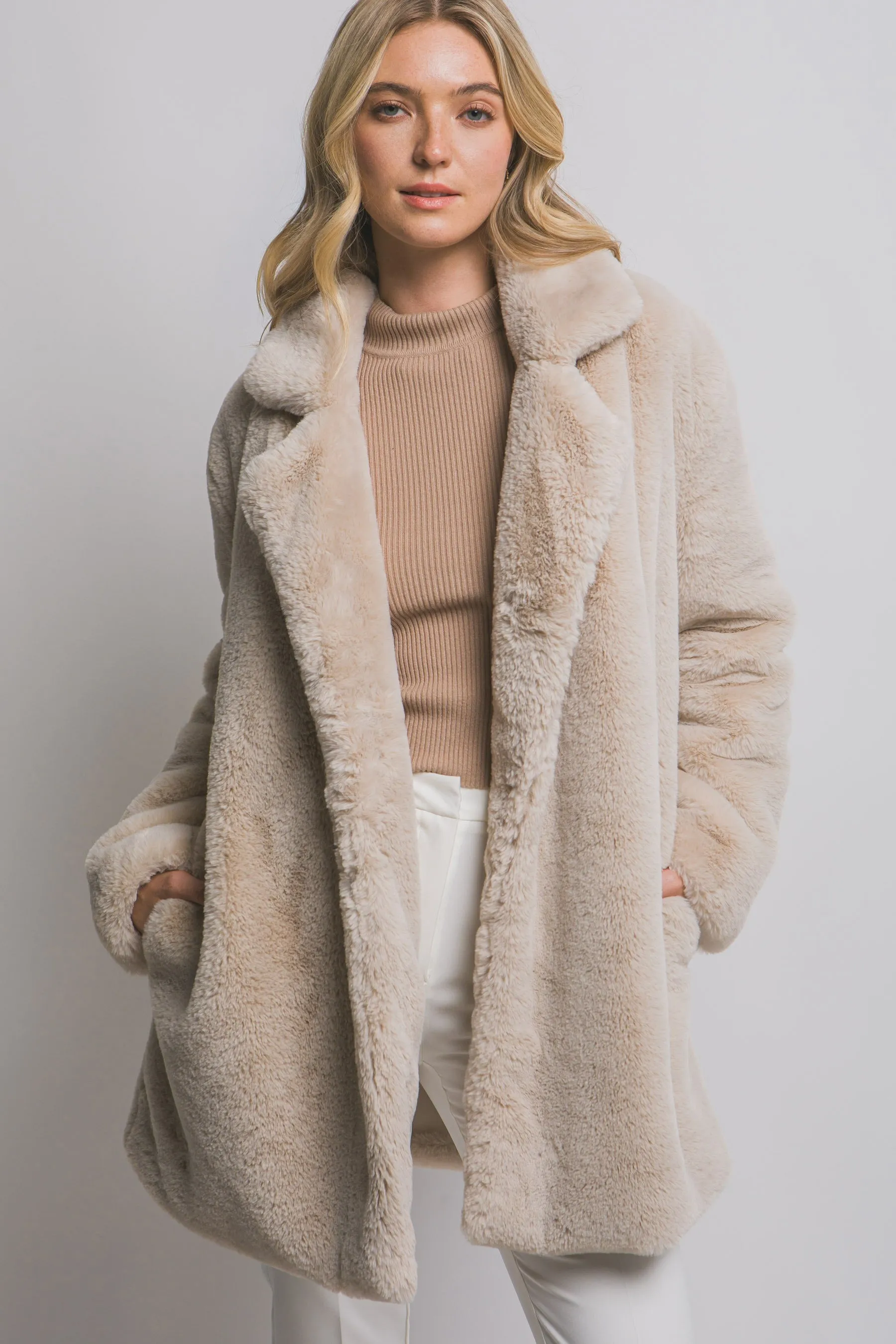 Ayla Faux Fur Collared Long Coat, Tan sold by North & Main Clothing Company