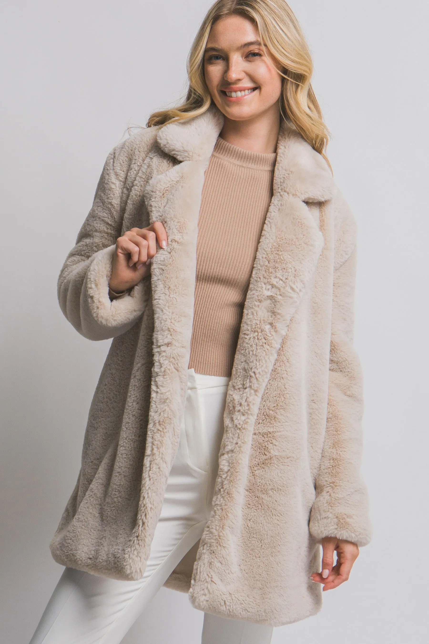 Ayla Faux Fur Collared Long Coat, Tan sold by North & Main Clothing Company product image thumbnail 3