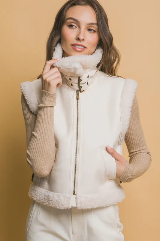Claire Faux Leather Sherpa Lined Vest, Ivory made by Love Tree
