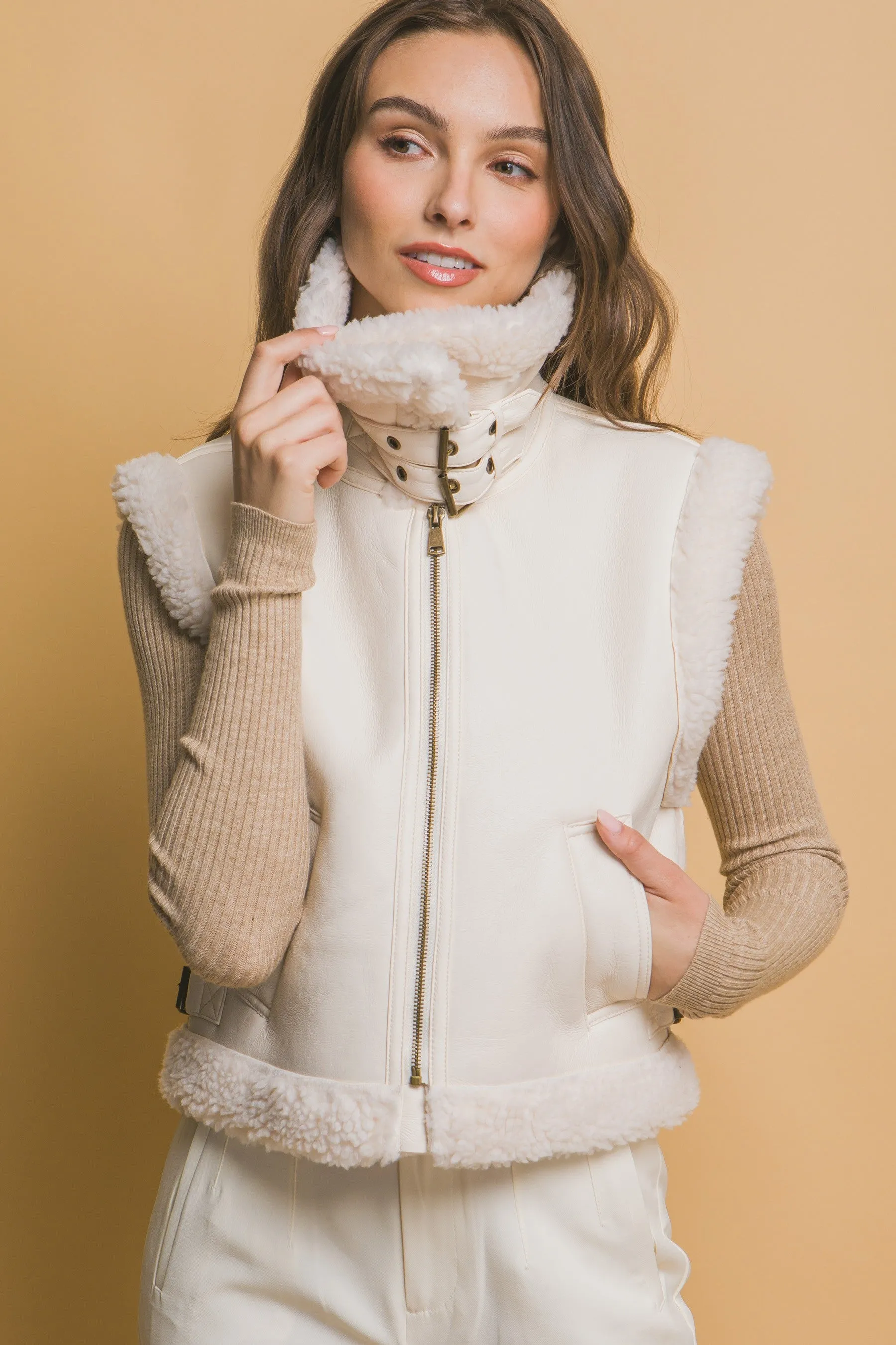 Claire Faux Leather Sherpa Lined Vest, Ivory sold by North & Main Clothing Company