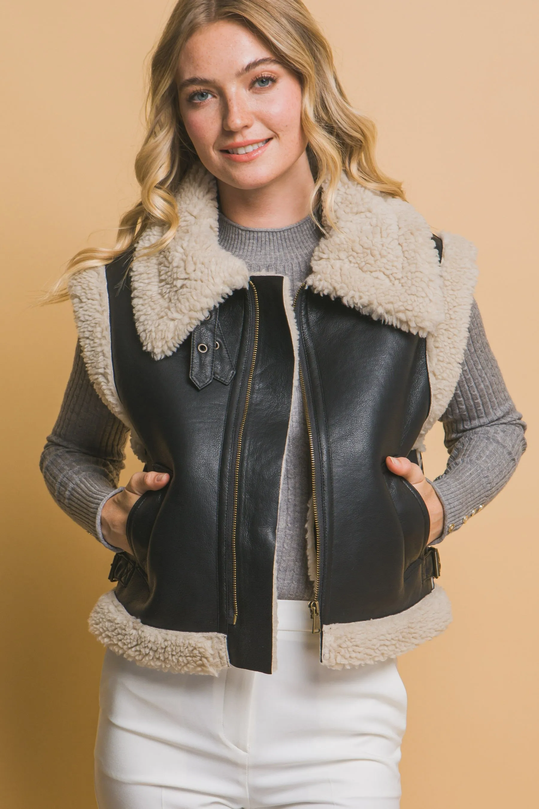 Claire Faux Leather Sherpa Lined Vest, Black sold by North & Main Clothing Company product image thumbnail 2