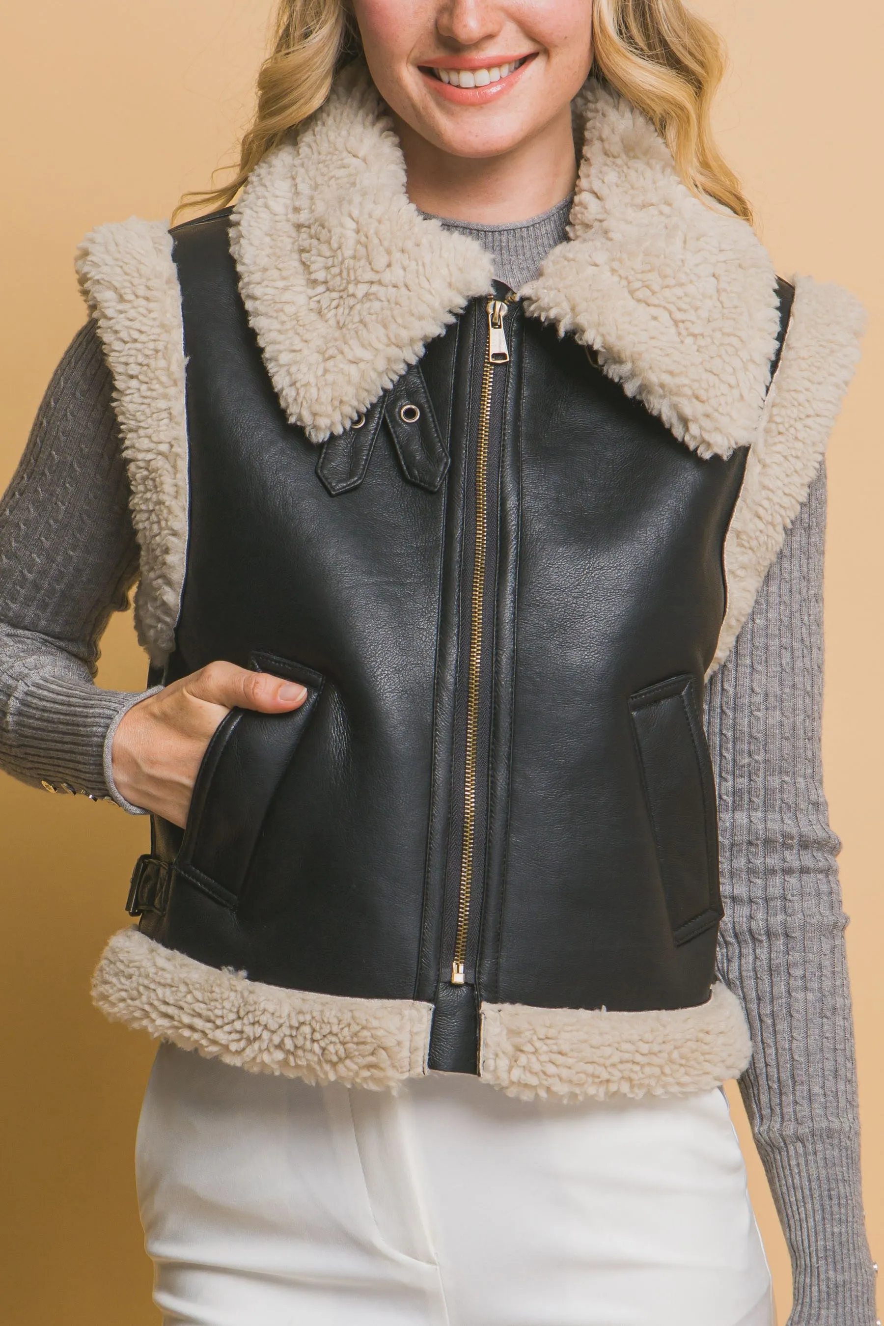 Claire Faux Leather Sherpa Lined Vest, Black sold by North & Main Clothing Company product image thumbnail 3