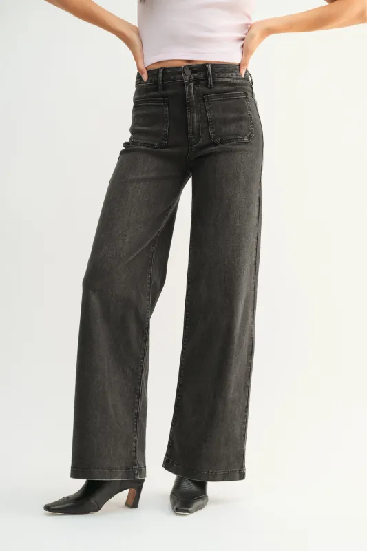 Leah Patch Pocket Wide Leg Jeans, Washed Black made by JBD
