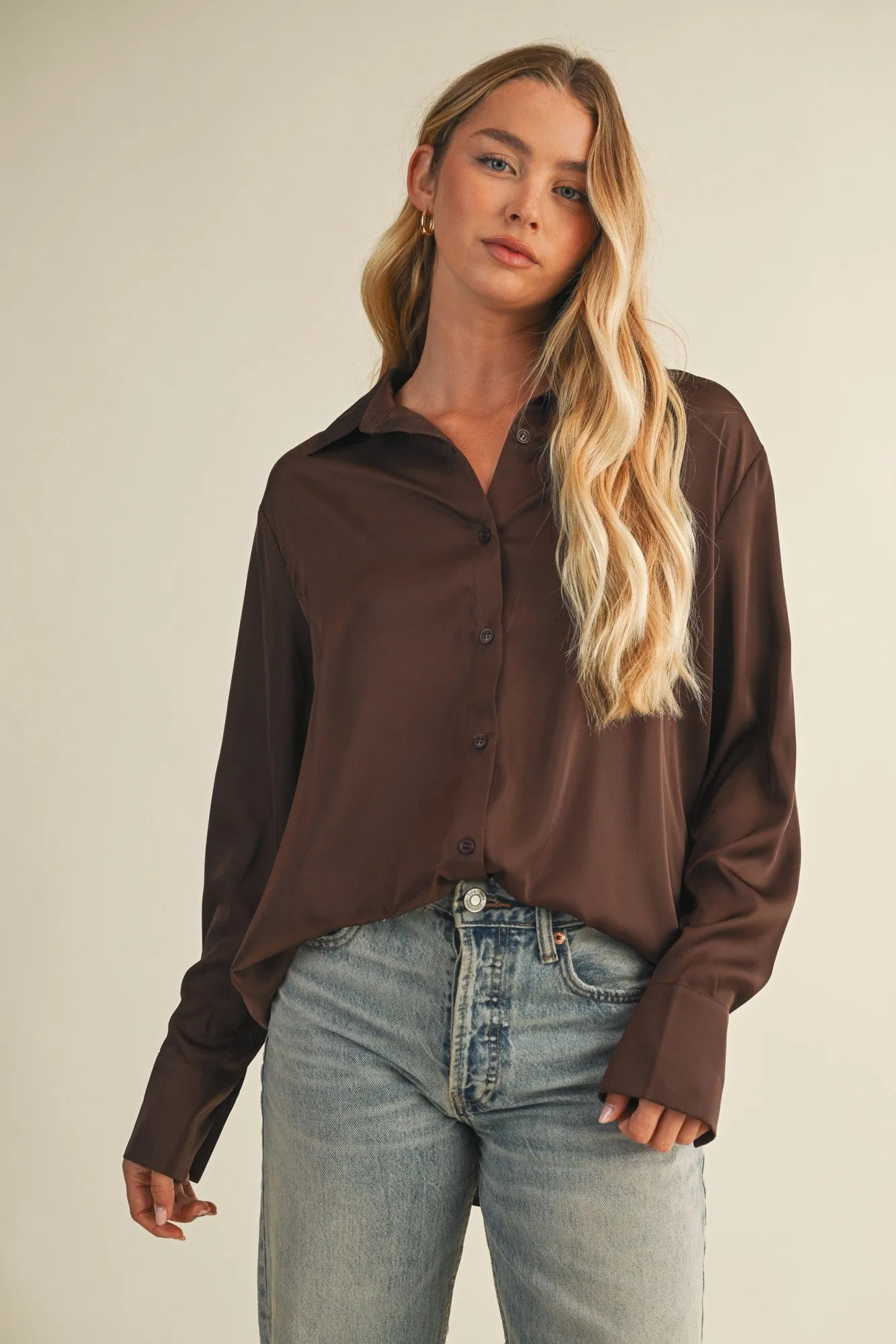 Valentina Silky Button Down Top, Dark Oak sold by North & Main Clothing Company