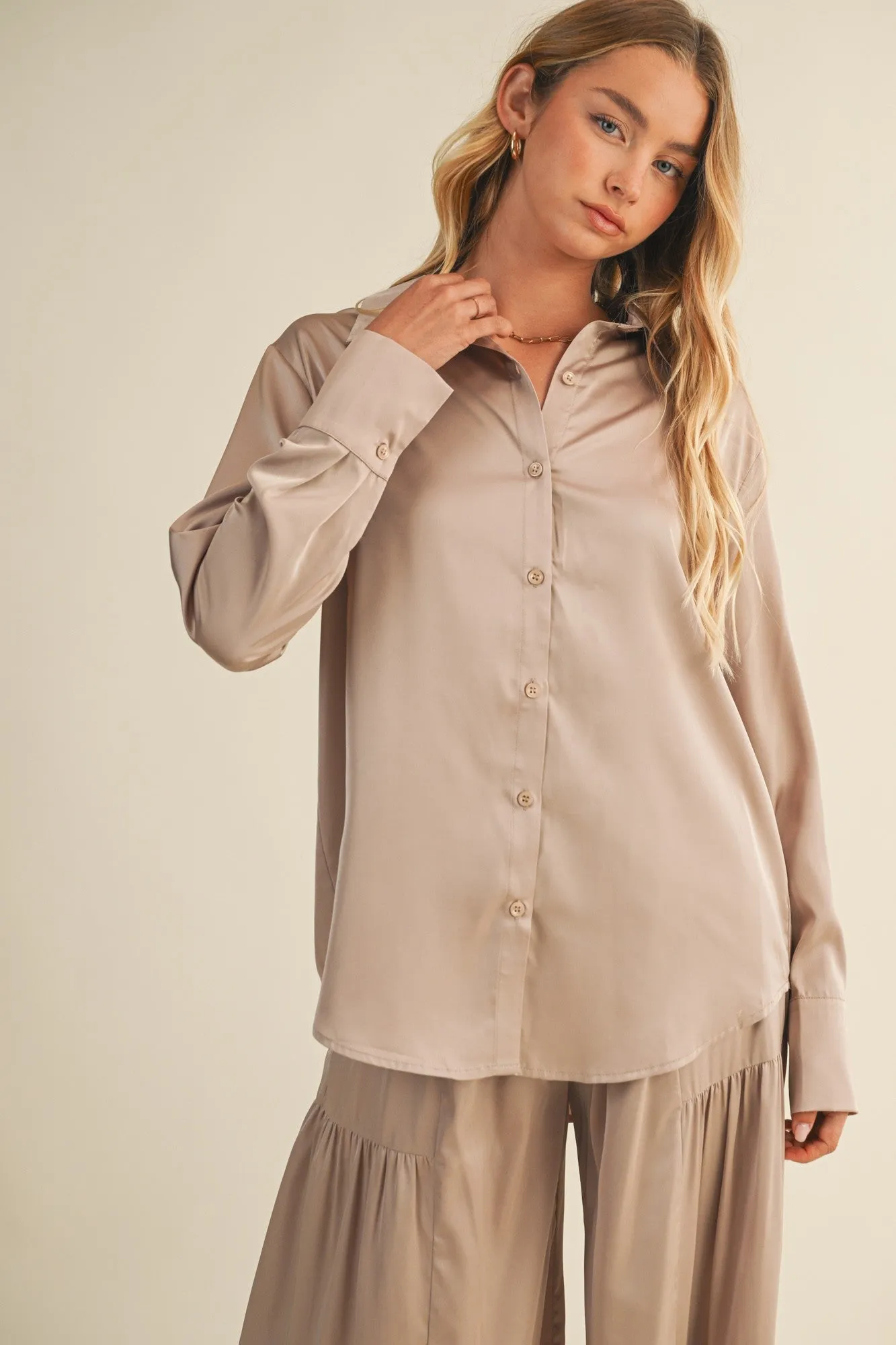 Valentina Silky Button Down Top, Champagne sold by North & Main Clothing Company