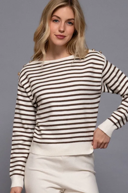 Eloise Buttoned Shoulder Sweater, Cream/Brown sold by North & Main Clothing Company