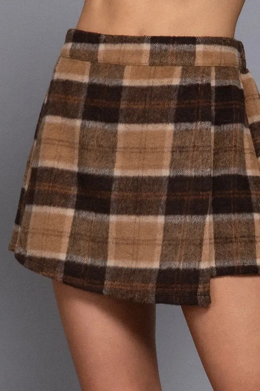 Malaya Wrap Front Plaid Skort, Khaki/Brown sold by North & Main Clothing Company